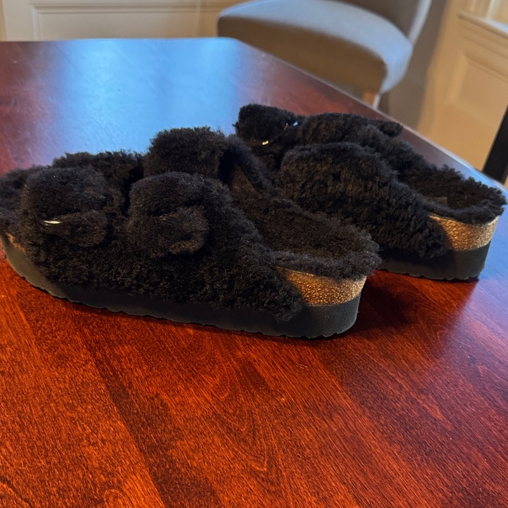 Papillio Arizona Big Buckle Pap Cozy Teddy Black Sherpa Sandal Slides - Picture 7 of 11
